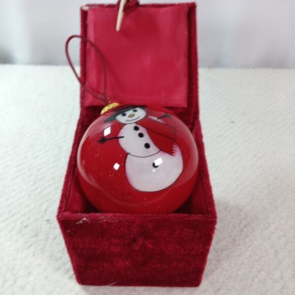 Hand Painted Glass Christmas Ornament Red Snowman in Original Velvet Gift Box - Picture 2 of 10